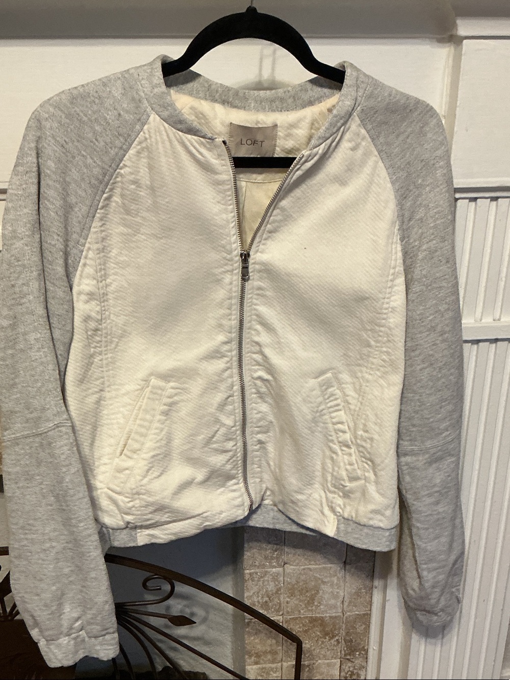 LOFT Cream Body with Light Gray Raglan Sleeve Bomber Jacket